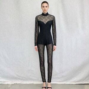 AllSaints Black Lace Mock Neck Long Sleeve Full Body Catsuit Bodysuit US Size 8